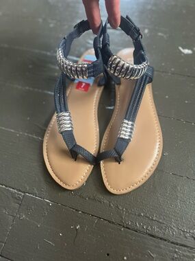 Bar III Black T-Strap Sandals with Silver Coil Details